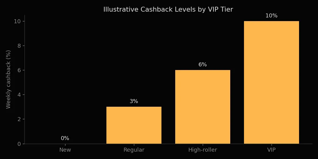 Illustrative loyalty and cashback levels for regulars at Joe Fortune